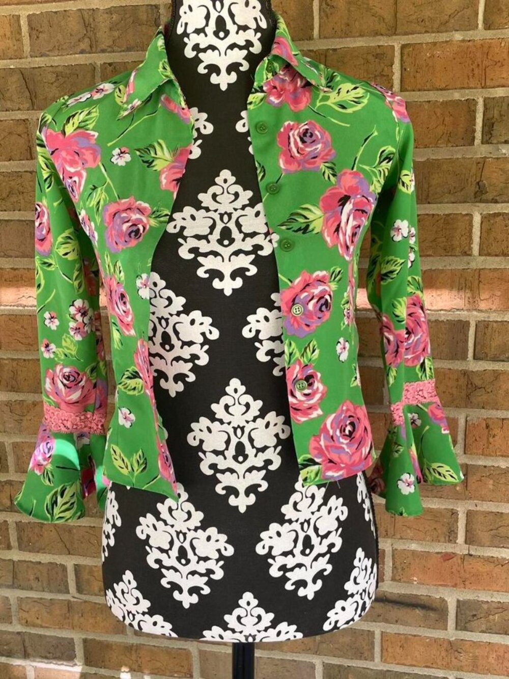 VTG Y2K Mary Kate and Ashley Green and Pink Floral Bell Sleeve Top Girls 7/8